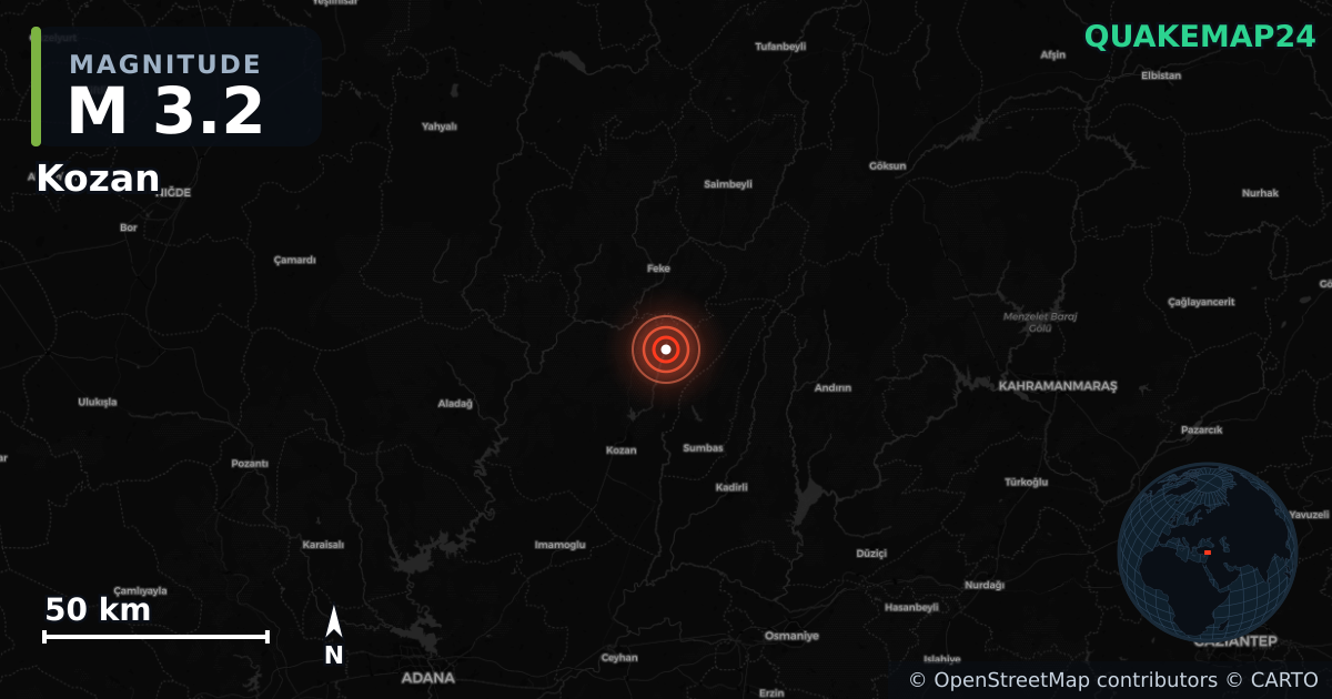 M3.2 earthquake near Kozan on Jun 8, 2025 — map of epicenter and shaking intensity | QuakeMap24