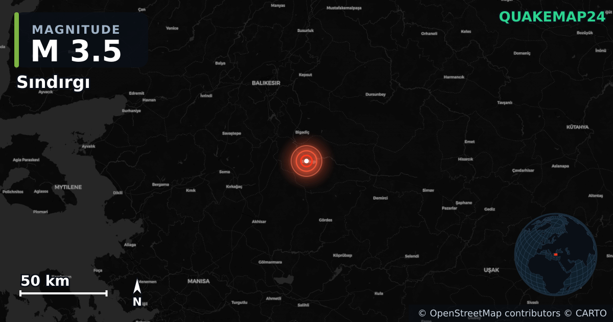 M3.5 earthquake near Sındırgı on Nov 12, 2025 — map of epicenter and shaking intensity | QuakeMap24