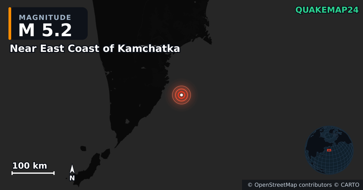 M5.2 earthquake near Near East Coast of Kamchatka on Jul 30, 2025 — map of epicenter and shaking intensity | QuakeMap24