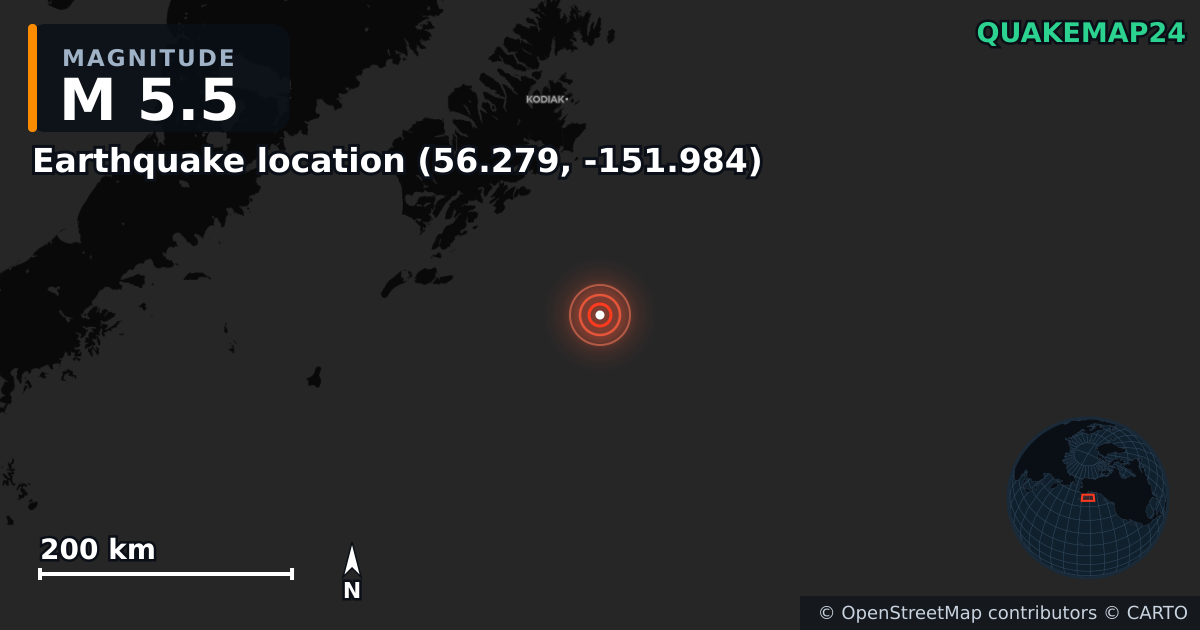 M5.5 earthquake near Earthquake location (56.279, -151.984) on Sep 1, 2025 — map of epicenter and shaking intensity | QuakeMap24