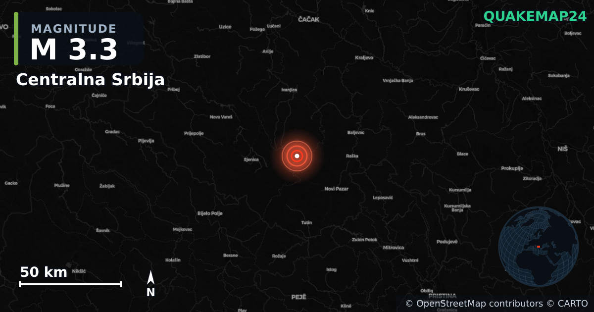 M3.3 earthquake near Centralna Srbija on Sep 7, 2025 — map of epicenter and shaking intensity | QuakeMap24