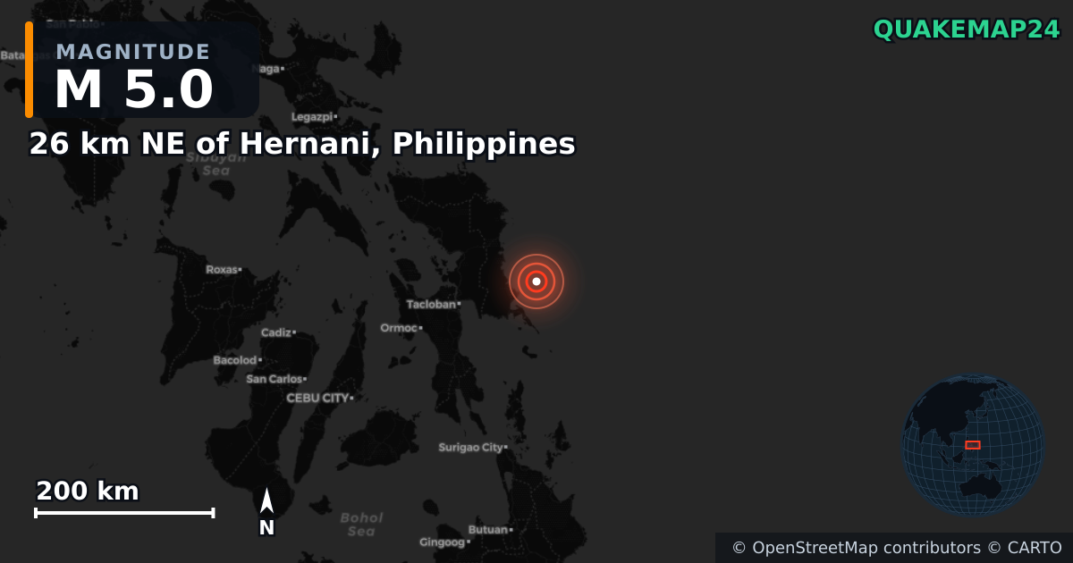 M5.0 earthquake near 26 km NE of Hernani, Philippines on Feb 15, 2025 — map of epicenter and shaking intensity | QuakeMap24