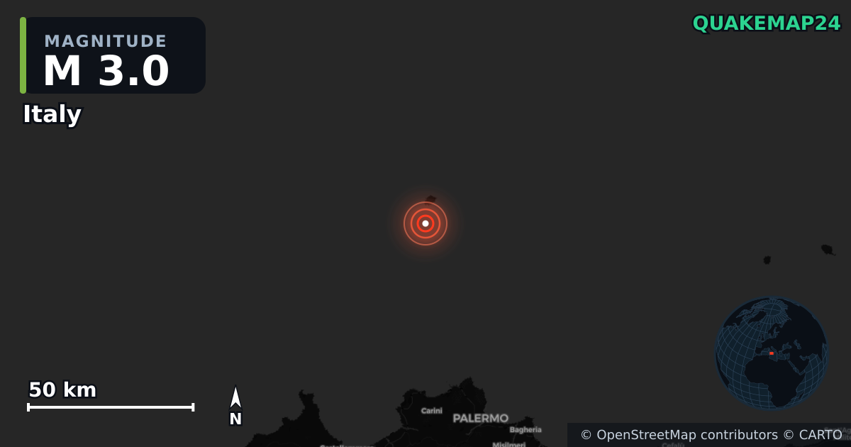 M3.0 earthquake near Italy on Aug 14, 2026 — map of epicenter and shaking intensity | QuakeMap24