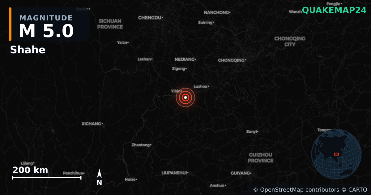 M5.0 earthquake near Shahe on Jul 8, 2026 — map of epicenter and shaking intensity | QuakeMap24