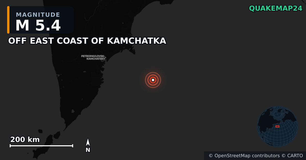 M5.4 earthquake near OFF EAST COAST OF KAMCHATKA on Jul 30, 2025 — map of epicenter and shaking intensity | QuakeMap24