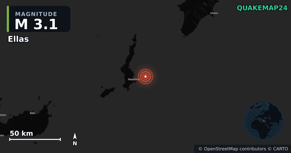 M3.1 earthquake near Ellas on May 21, 2026 — map of epicenter and shaking intensity | QuakeMap24