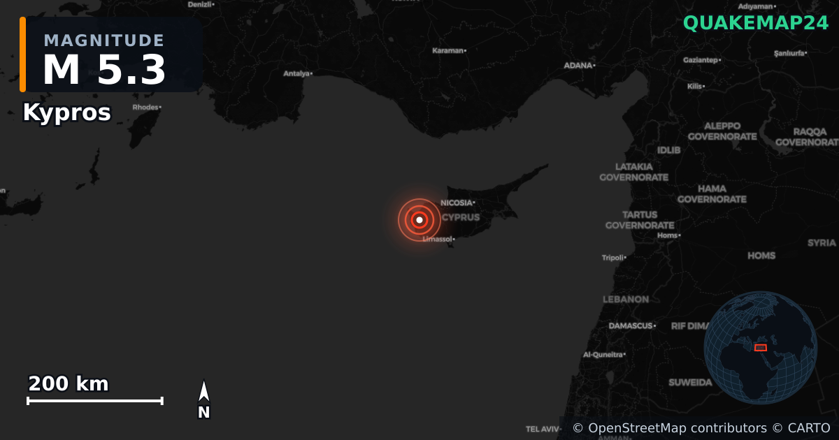M5.3 earthquake near Kypros on Nov 12, 2025 — map of epicenter and shaking intensity | QuakeMap24