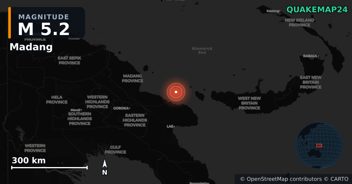 M5.2 earthquake near Madang on Jul 18, 2025 — map of epicenter and shaking intensity | QuakeMap24
