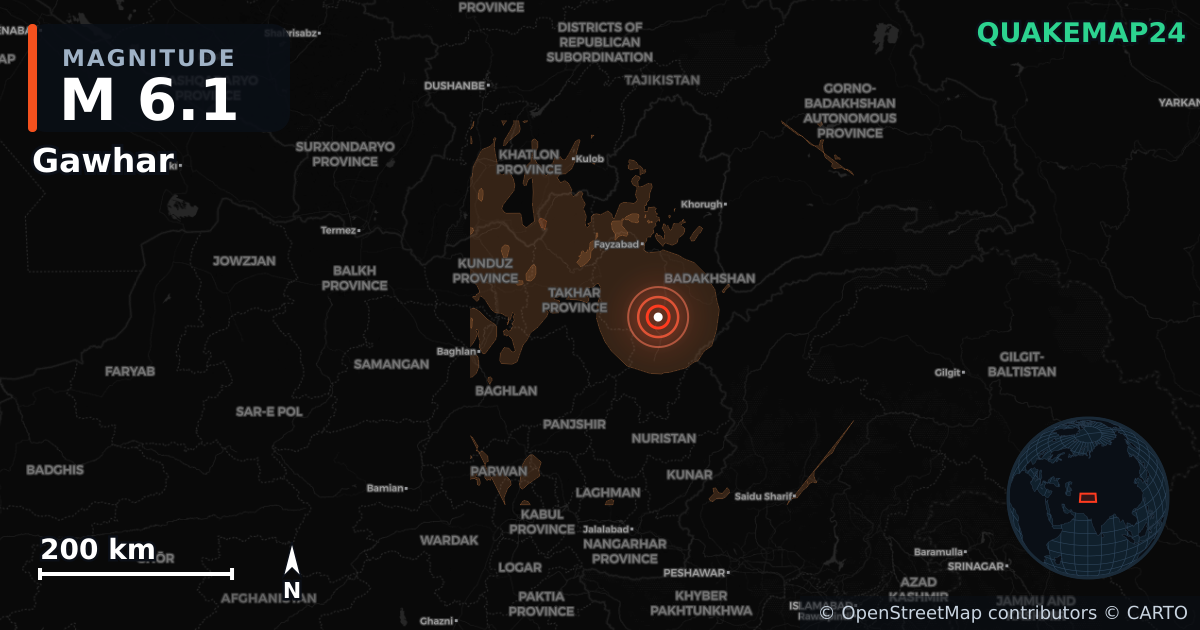 M6.1 earthquake near Gawhar on Jun 27, 2026 — map of epicenter and shaking intensity | QuakeMap24