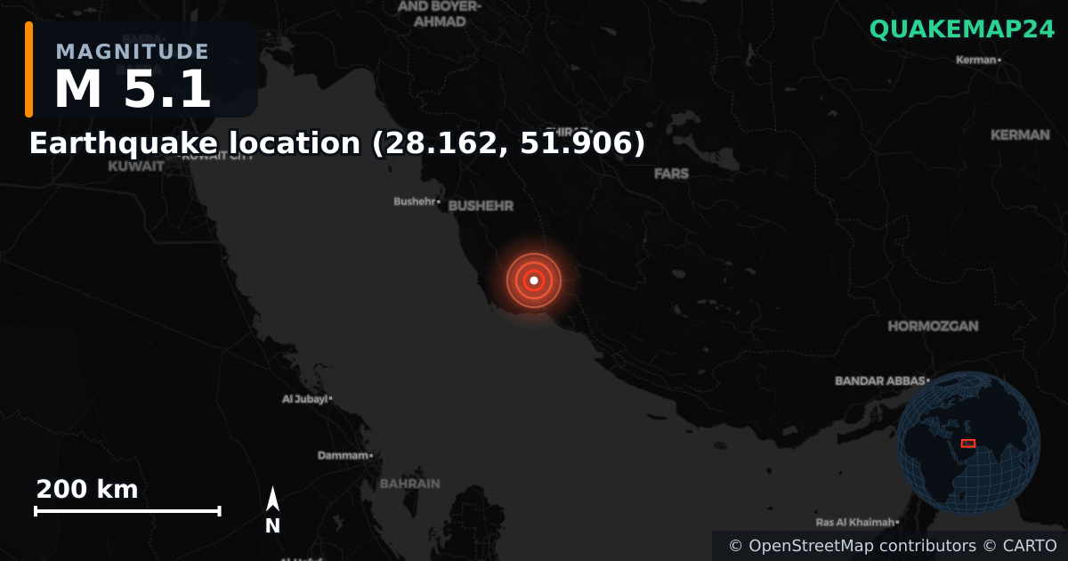 M5.1 earthquake near Local do sismo (28.162, 51.906) on Feb 1, 2026 — map of epicenter and shaking intensity | QuakeMap24