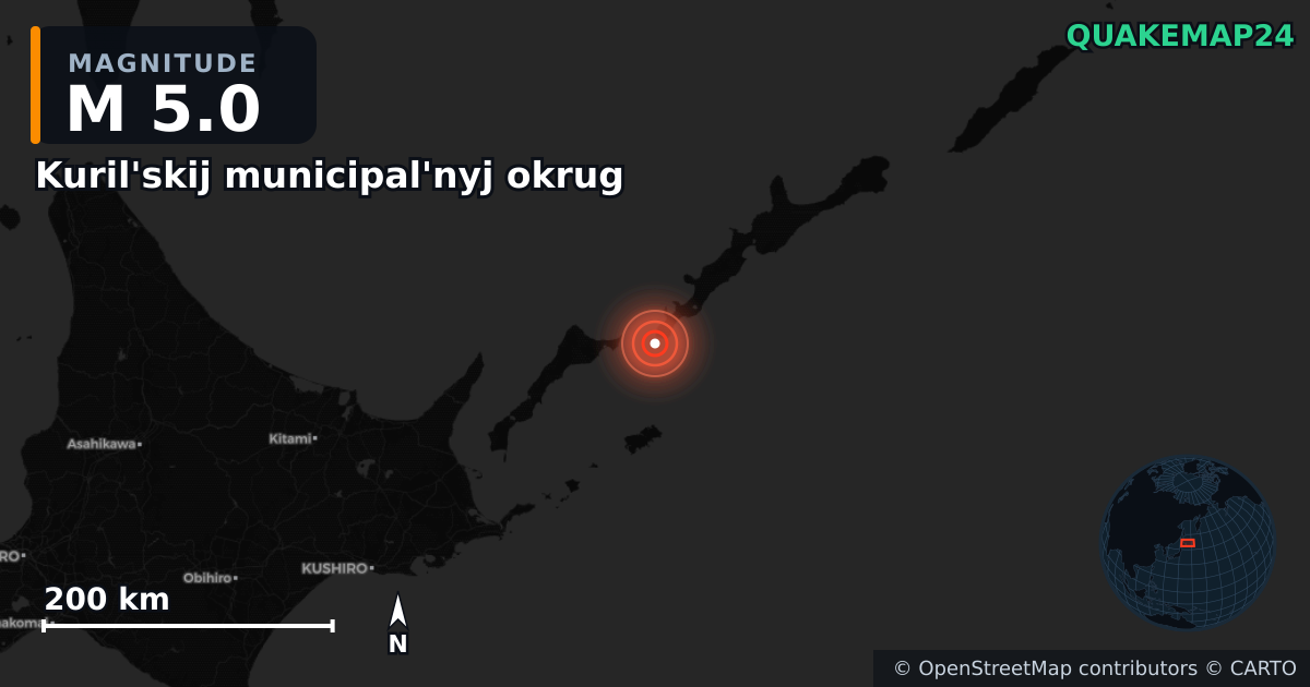 M5.0 earthquake near Kuril'skij municipal'nyj okrug on Dec 21, 2025 — map of epicenter and shaking intensity | QuakeMap24