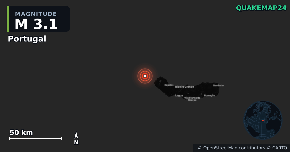 M3.1 earthquake near Portugal on Jun 10, 2026 — map of epicenter and shaking intensity | QuakeMap24