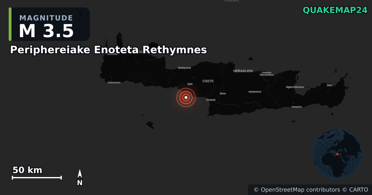 M3.5 earthquake near Periphereiake Enoteta Rethymnes on May 20, 2026 — map of epicenter and shaking intensity | QuakeMap24