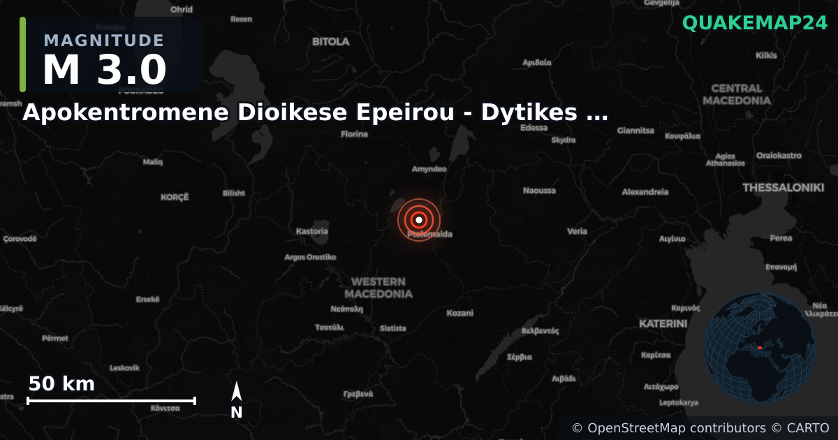 M3.0 earthquake near Apokentromene Dioikese Epeirou - Dytikes Makedonias on Jul 13, 2025 — map of epicenter and shaking intensity | QuakeMap24
