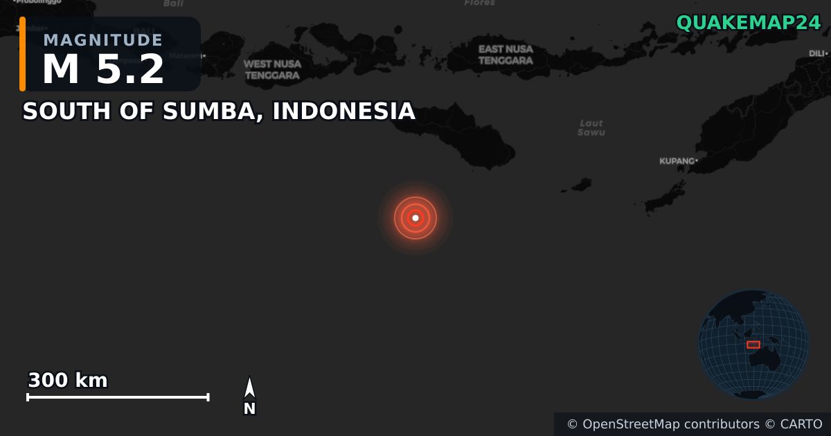 M5.2 earthquake near SOUTH OF SUMBA, INDONESIA on Jun 13, 2025 — map of epicenter and shaking intensity | QuakeMap24