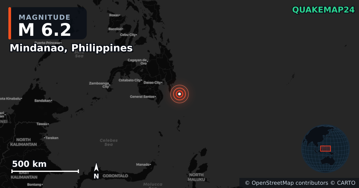 M6.2 Earthquake near Mindanao, Philippines · 2026-06-15 — Map showing the location of the epicenter