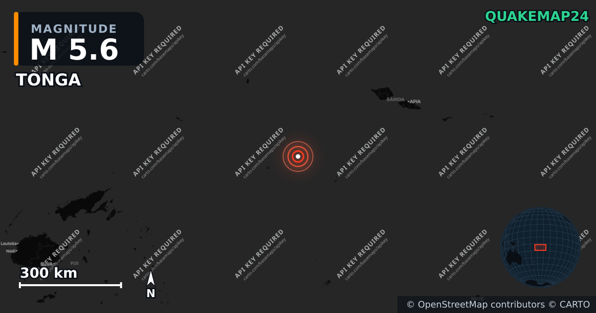 M5.6 earthquake near TONGA on Nov 28, 2025 — map of epicenter and shaking intensity | QuakeMap24