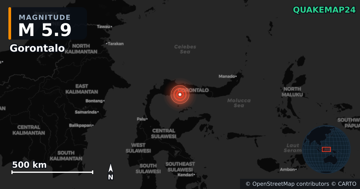 M5.9 earthquake near Gorontalo on May 3, 2025 — map of epicenter and shaking intensity | QuakeMap24