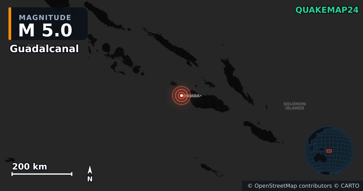 M5.0 earthquake near Guadalcanal on Feb 14, 2026 — map of epicenter and shaking intensity | QuakeMap24