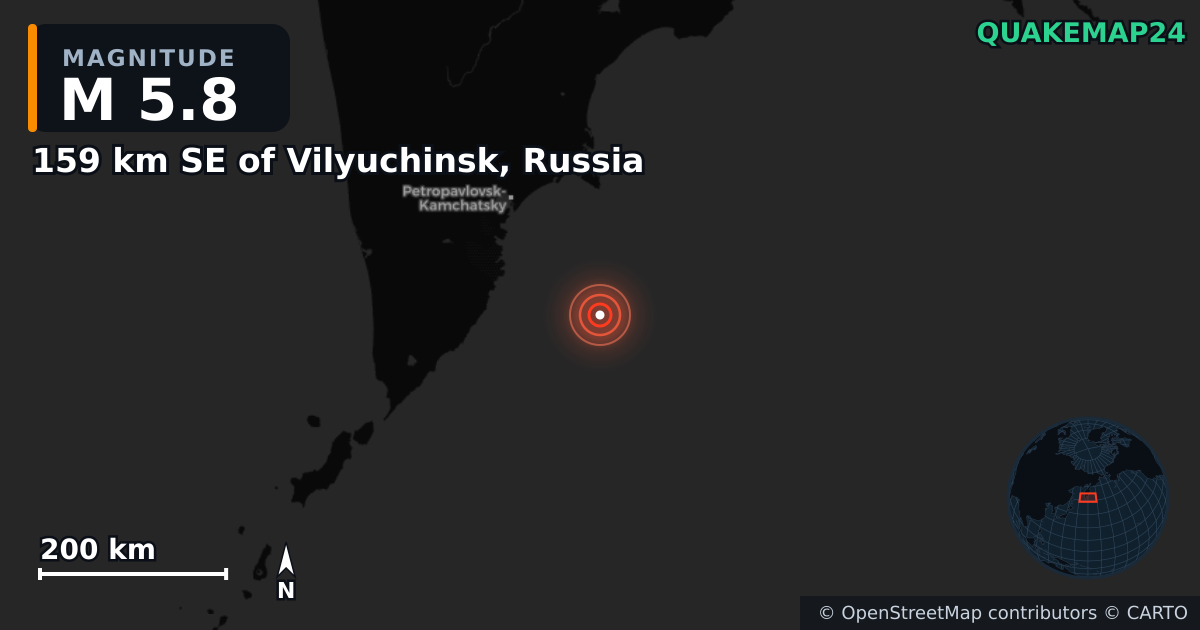 159 km SE of Vilyuchinsk, Russia yakınında M5,8 deprem — Deprem merkez üssünün konumunu gösteren harita