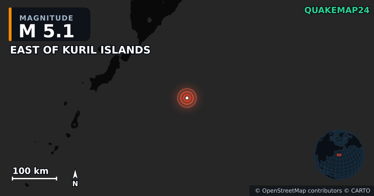 M5.1 earthquake near EAST OF KURIL ISLANDS on Jul 30, 2025 — map of epicenter and shaking intensity | QuakeMap24