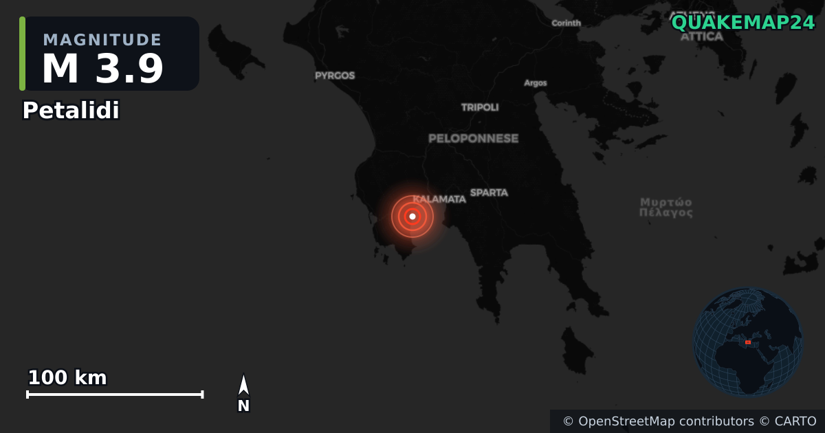 M3.9 earthquake near Petalidi on Sep 15, 2025 — map of epicenter and shaking intensity | QuakeMap24