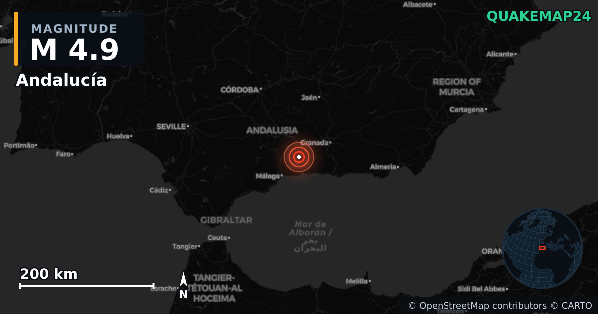 M4.9 earthquake near Andalucía on Dec 5, 2025 — map of epicenter and shaking intensity | QuakeMap24