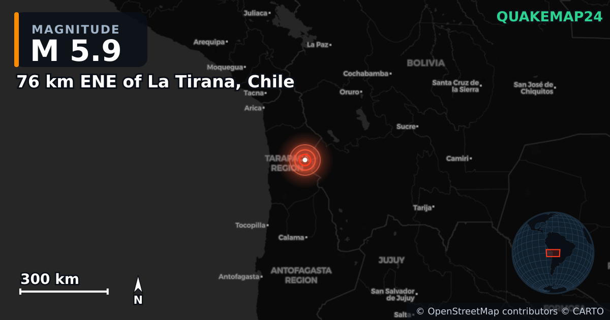 M5.9 earthquake near 76 km ENE of La Tirana, Chile on Feb 8, 2026 — map of epicenter and shaking intensity | QuakeMap24