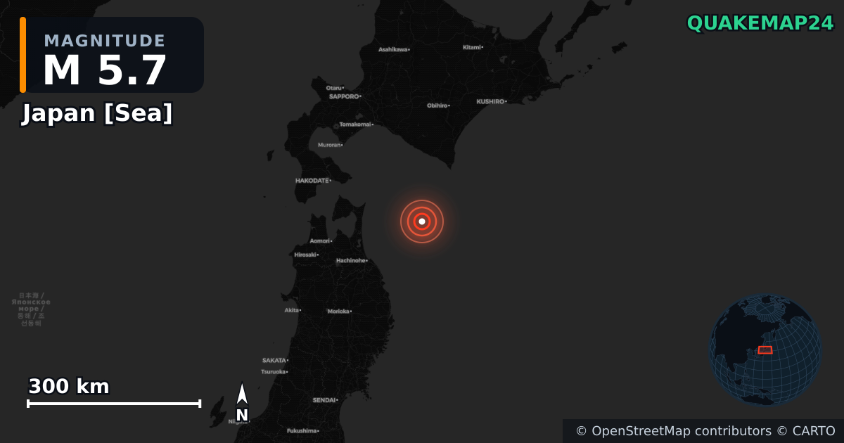M5.7 earthquake near Japan [Sea] on Dec 25, 2025 — map of epicenter and shaking intensity | QuakeMap24