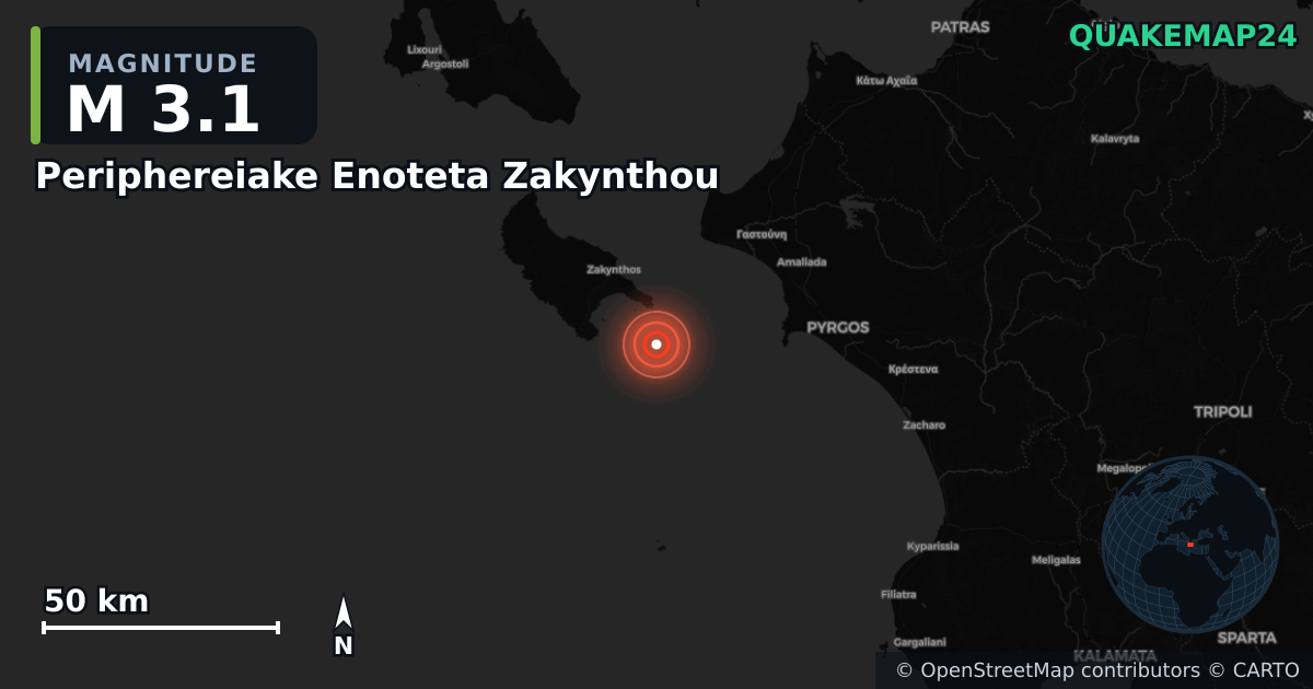 M3.1 earthquake near Periphereiake Enoteta Zakynthou on Aug 26, 2025 — map of epicenter and shaking intensity | QuakeMap24