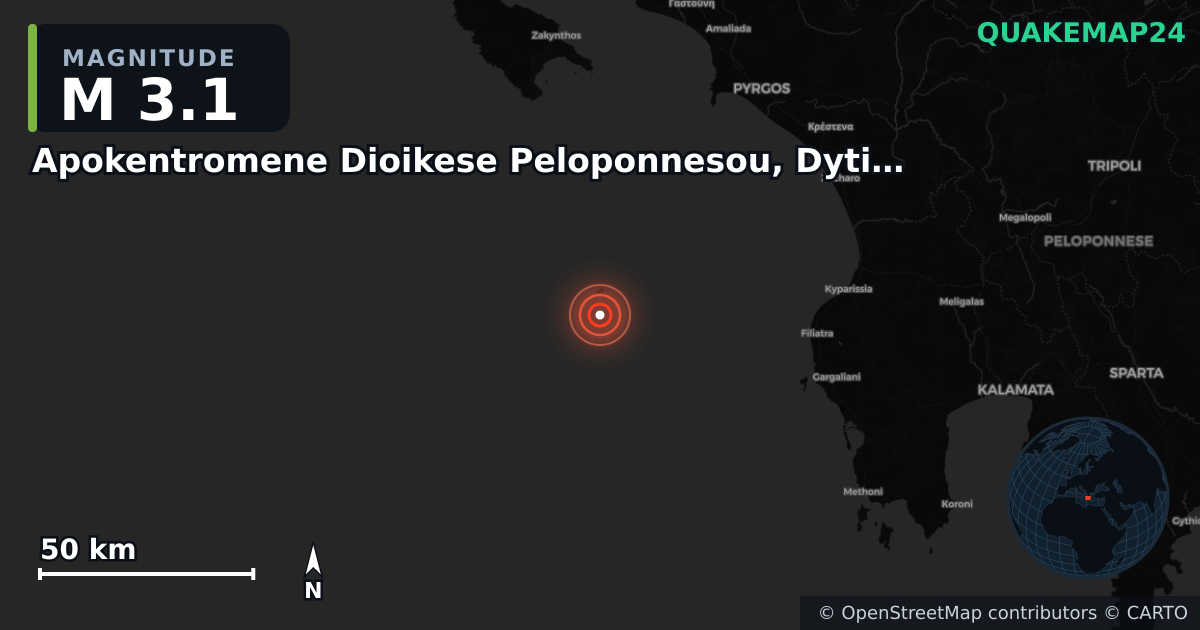 M3.1 earthquake near Apokentromene Dioikese Peloponnesou, Dytikes Elladas kai Ioniou on May 15, 2025 — map of epicenter and shaking intensity | QuakeMap24
