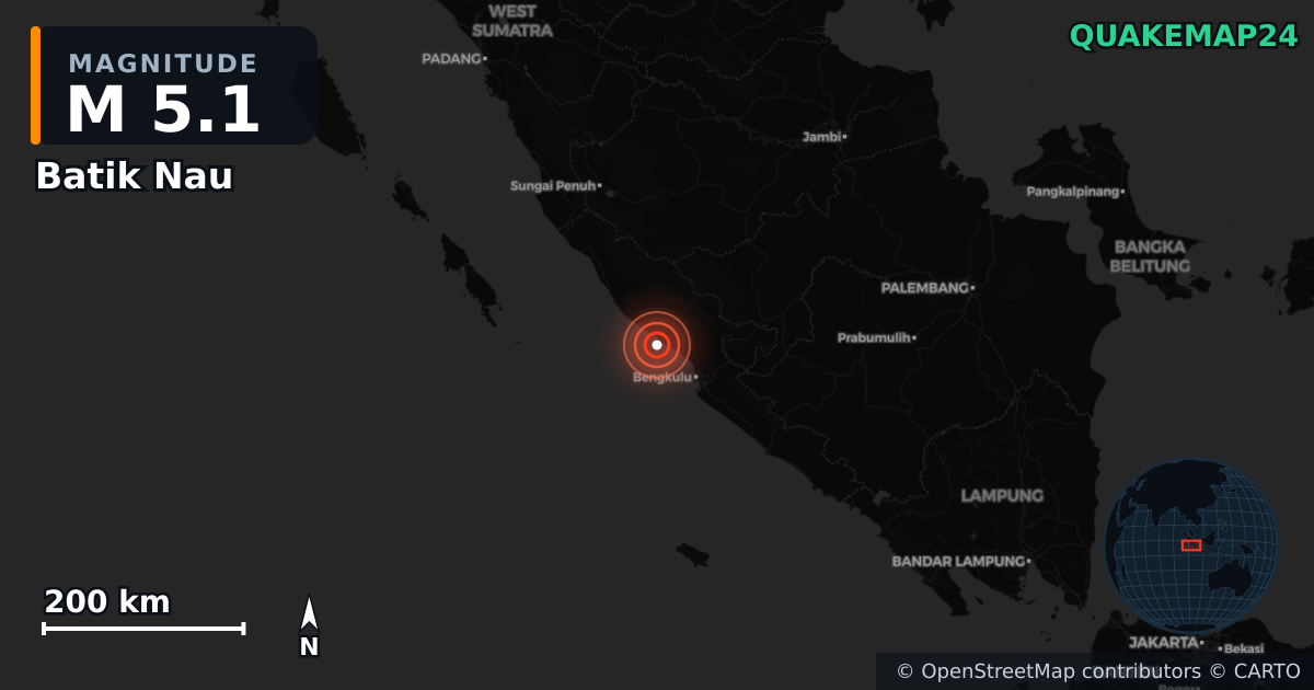 Batik Nau, Bengkulu (Endonezya) yakınında M5,1 deprem — Deprem merkez üssünün konumunu gösteren harita