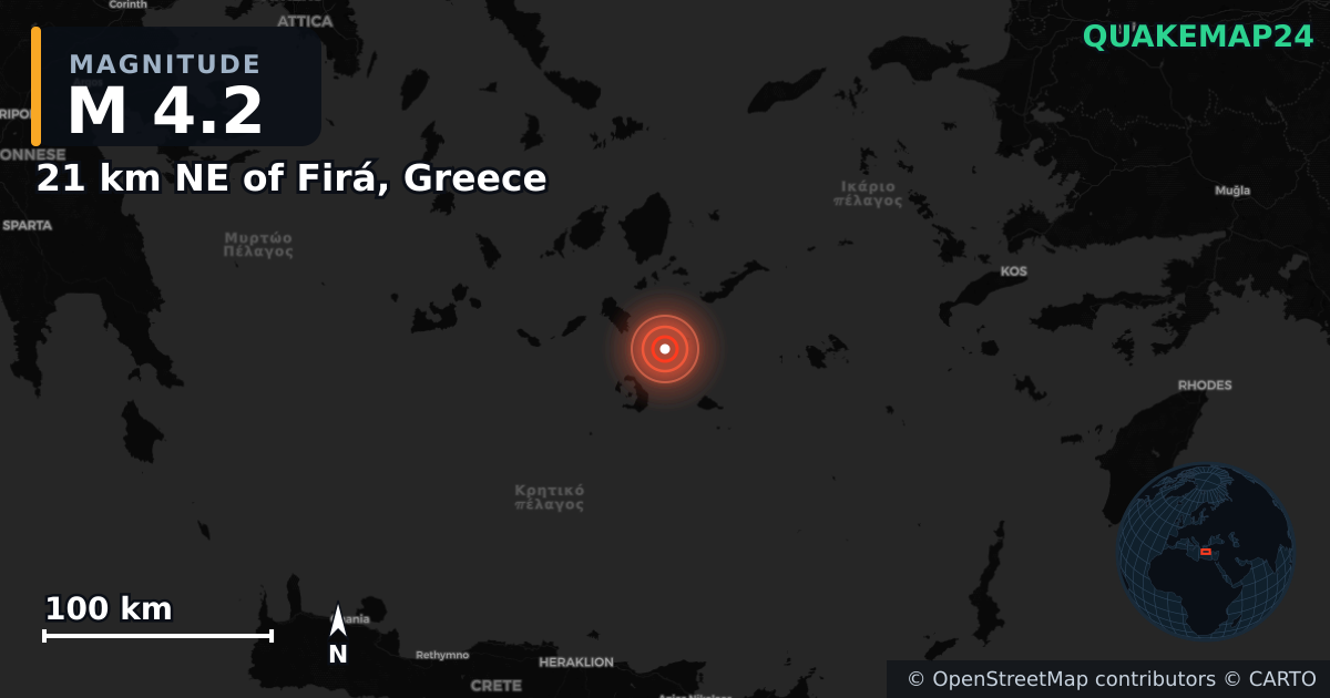 M4.2 earthquake near 21 km NE of Firá, Greece on Feb 4, 2025 — map of epicenter and shaking intensity | QuakeMap24