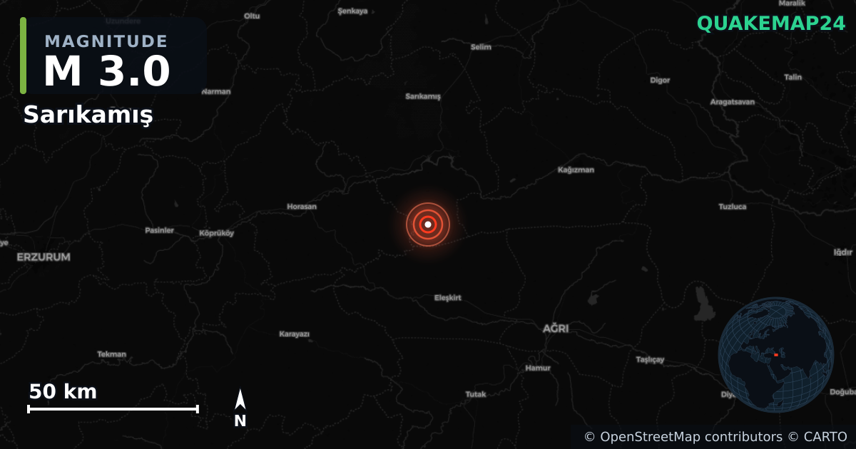 M3.0 earthquake near Sarıkamış on Nov 23, 2025 — map of epicenter and shaking intensity | QuakeMap24