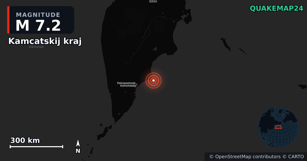 M7.2 earthquake near Kamcatskij kraj on Sep 13, 2025 — map of epicenter and shaking intensity | QuakeMap24