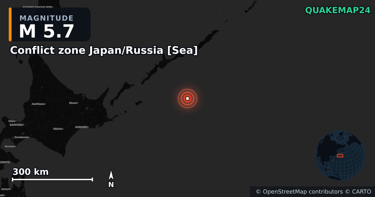 M5.7 earthquake near Conflict zone Japan/Russia [Sea] on Feb 12, 2026 — map of epicenter and shaking intensity | QuakeMap24