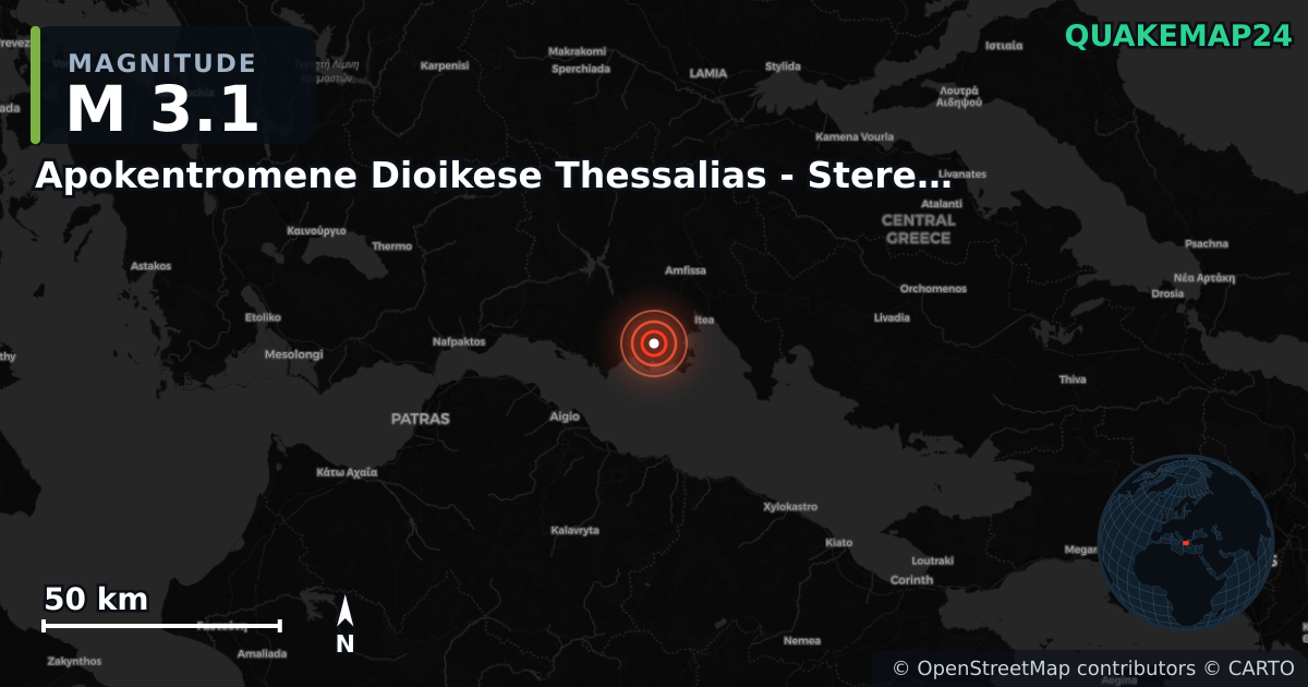 M3.1 earthquake near Apokentromene Dioikese Thessalias - Stereas Ellados on May 24, 2025 — map of epicenter and shaking intensity | QuakeMap24