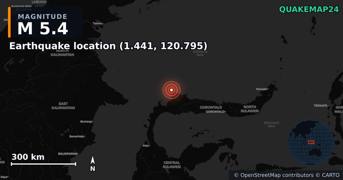 M5.4 earthquake near Deprem konumu (1.441, 120.795) on Apr 17, 2026 — map of epicenter and shaking intensity | QuakeMap24