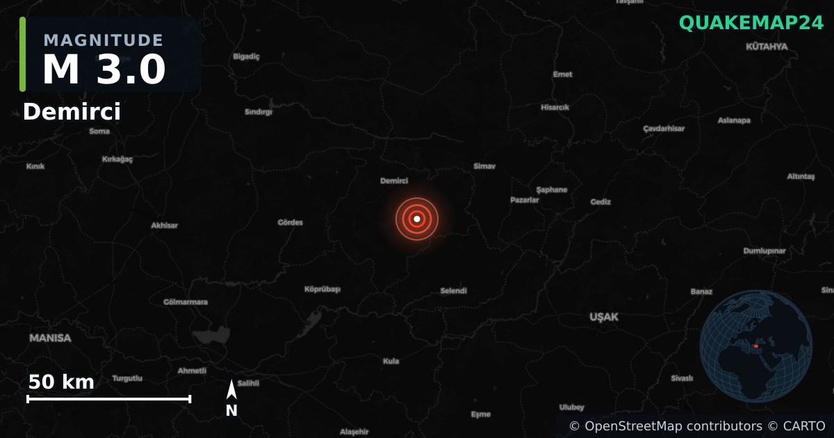 M3.0 earthquake near Demirci on Nov 22, 2025 — map of epicenter and shaking intensity | QuakeMap24