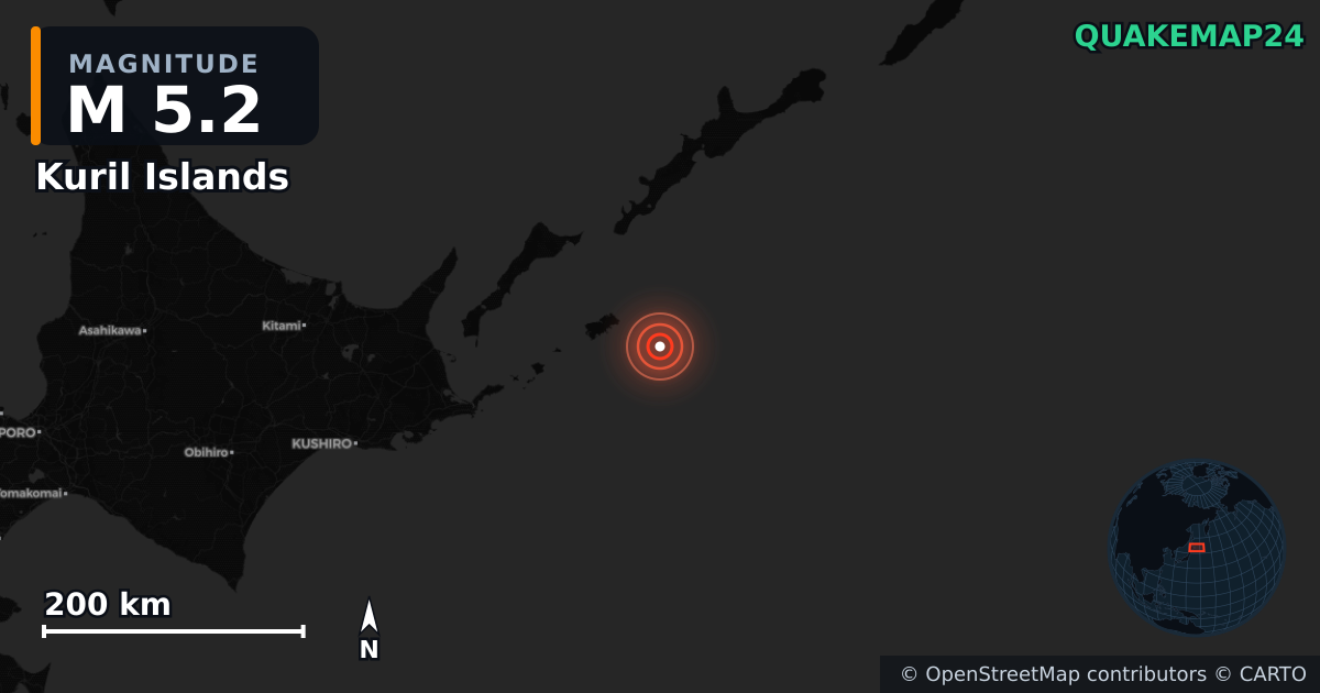 M5.2 earthquake near Kuril Islands on Aug 20, 2025 — map of epicenter and shaking intensity | QuakeMap24