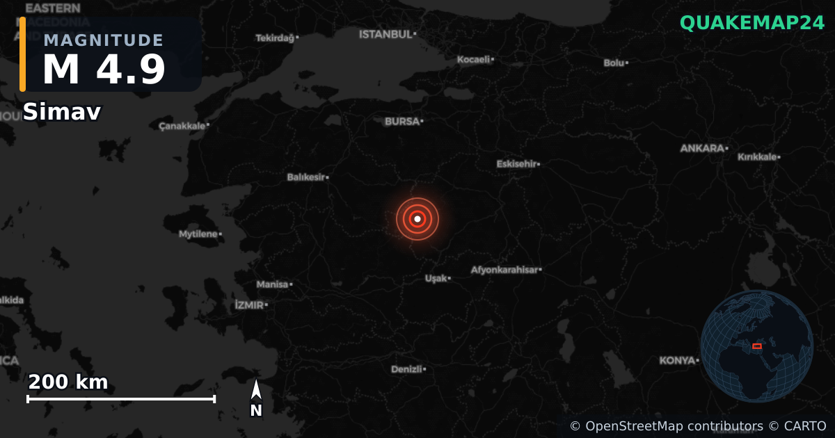 M4.9 earthquake near Simav on Oct 8, 2025 — map of epicenter and shaking intensity | QuakeMap24