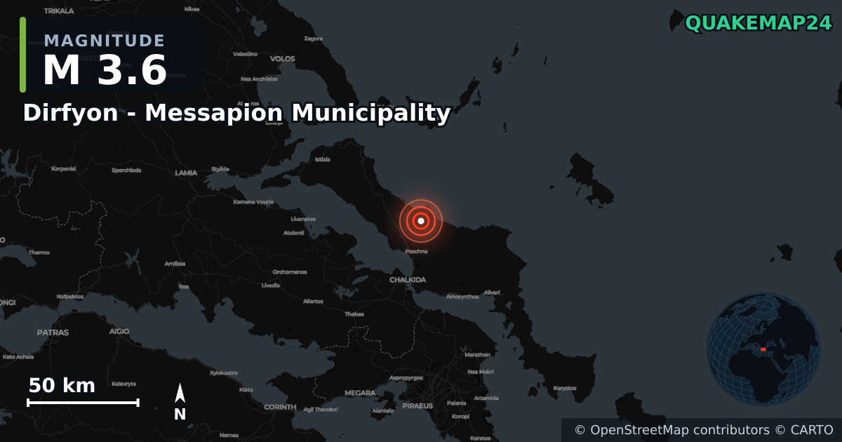 Σεισμός M3,6 κοντά στο Dirfyon - Messapion Municipality, Central Greece (Ελλάδα) · 2026-06-08 — Χάρτης της θέσης του επικέντρου