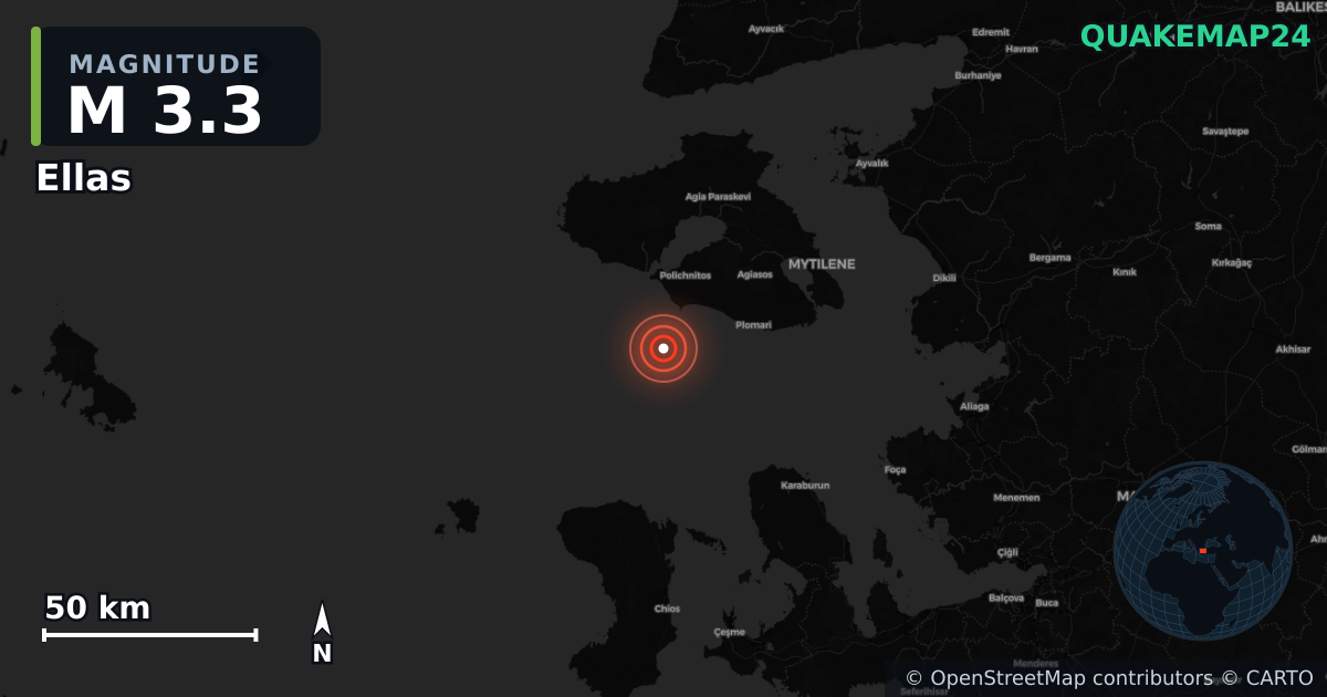 M3.3 earthquake near Ellas on Dec 1, 2025 — map of epicenter and shaking intensity | QuakeMap24