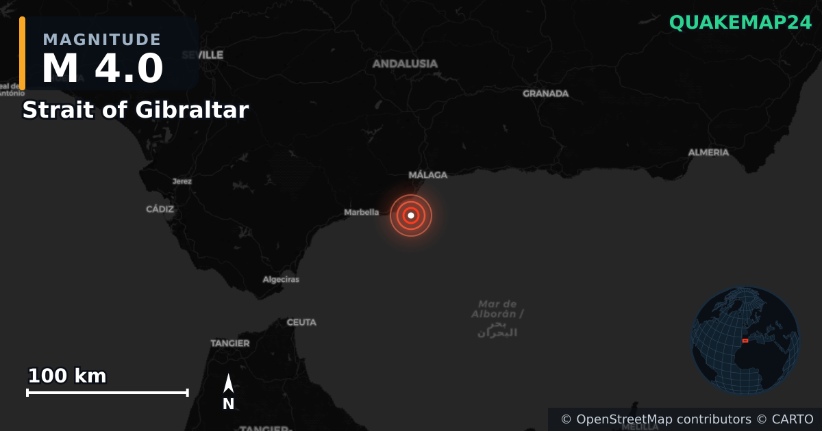 M4.0 earthquake near Strait of Gibraltar on Dec 5, 2025 — map of epicenter and shaking intensity | QuakeMap24