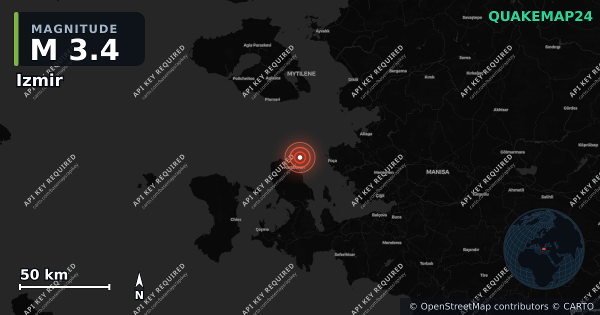 M3.4 earthquake near Izmir on Sep 1, 2026 — map of epicenter and shaking intensity | QuakeMap24