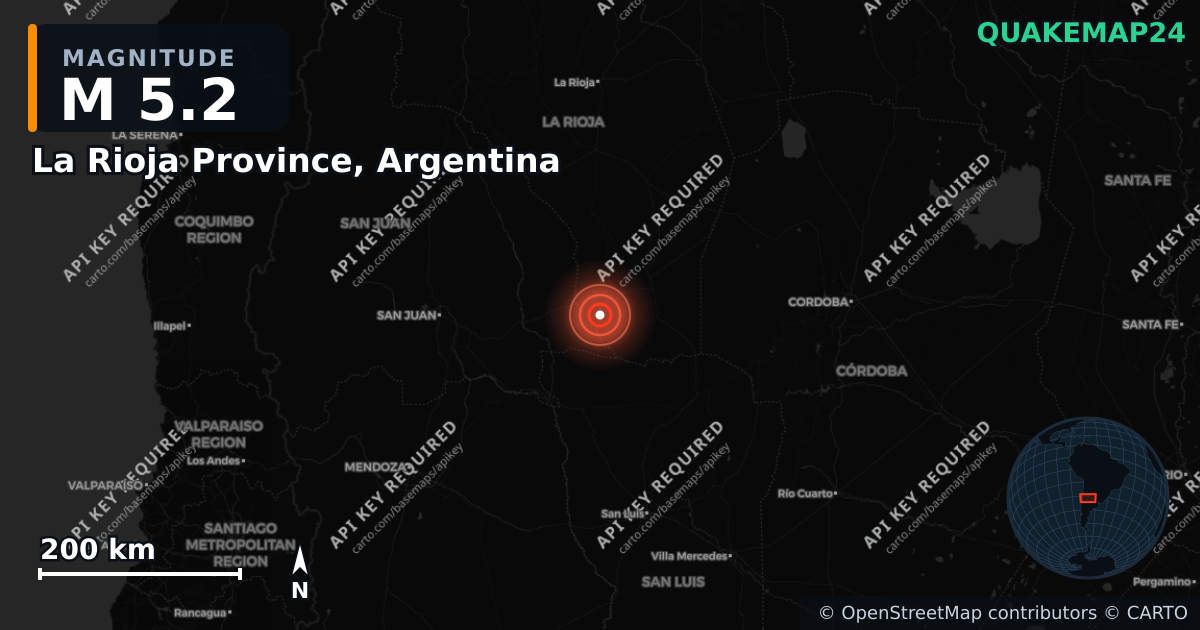 M5.2 earthquake near La Rioja Province, Argentina on Mar 7, 2026 — map of epicenter and shaking intensity | QuakeMap24