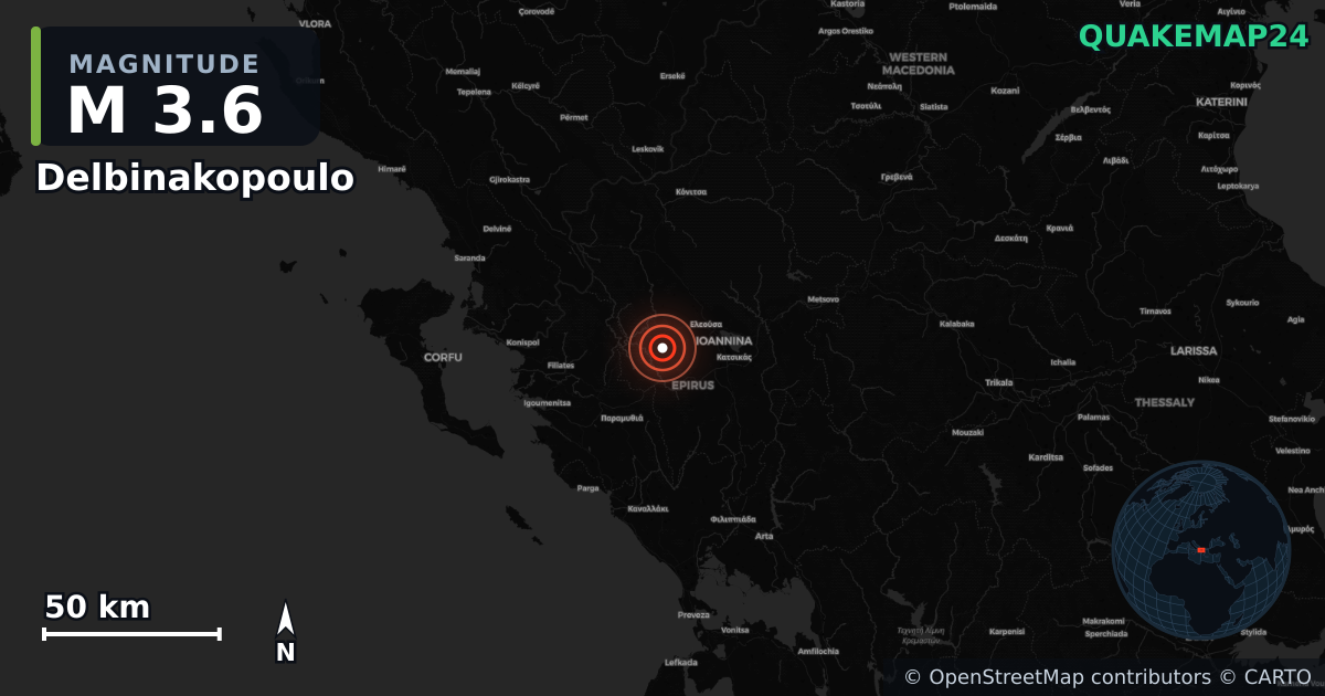 M3.6 earthquake near Delbinakopoulo on May 17, 2026 — map of epicenter and shaking intensity | QuakeMap24