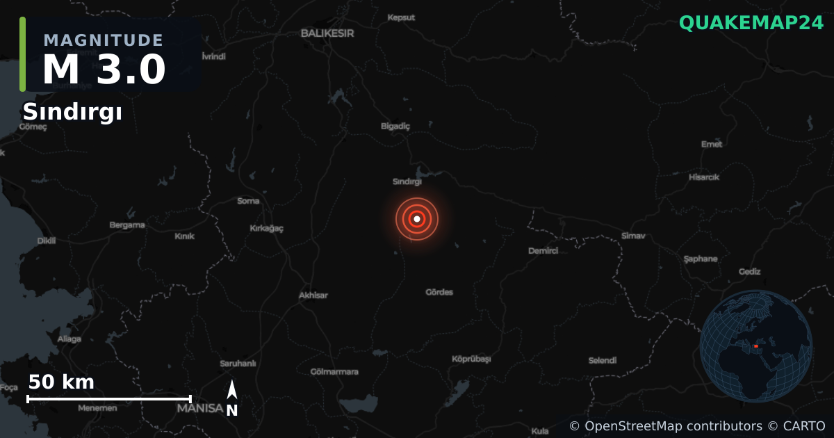 Terremoto de M3,0 cerca de WESTERN TURKEY (Turquía) · 2025-12-08 — Mapa de la ubicación del epicentro