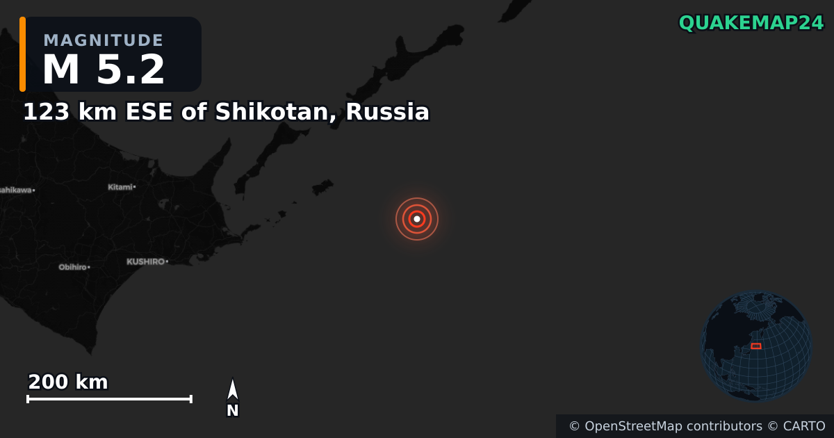 M5.2 earthquake near 123 km ESE of Shikotan, Russia on Dec 17, 2025 — map of epicenter and shaking intensity | QuakeMap24