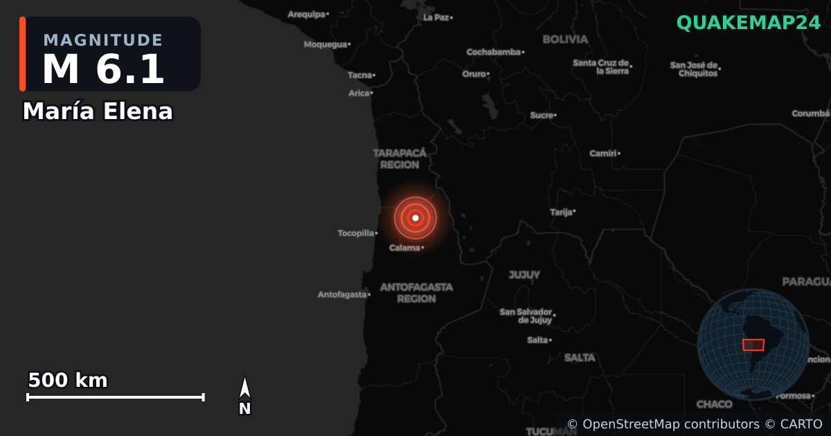 M6.1 earthquake near María Elena on Jan 2, 2025 — map of epicenter and shaking intensity | QuakeMap24